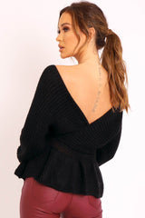Black Knitted Wrap Front Plunge Peplum Jumper - Samara-Knitwear