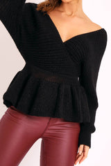 Black Knitted Wrap Front Plunge Peplum Jumper - Samara-Knitwear