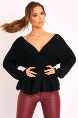 Black Knitted Wrap Front Plunge Peplum Jumper - Samara-Knitwear