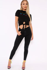 Black Knot Front Rainbow Vogue Slogan Top - Jhenna-Tops