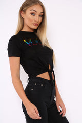 Black Knot Front Rainbow Vogue Slogan Top - Jhenna-Tops