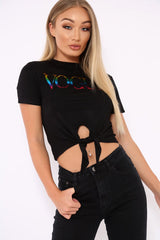 Black Knot Front Rainbow Vogue Slogan Top - Jhenna-Tops