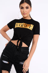 Black Knot Front Vogue Slogan Top - Ashira-Tops
