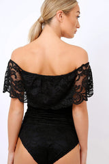 Black Lace Bardot Bodysuit - Rae-Bodysuits