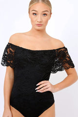 Black Lace Bardot Bodysuit - Rae-Bodysuits