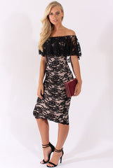 Black Lace Bardot Frill Midi Dress - Keysha-Dresses