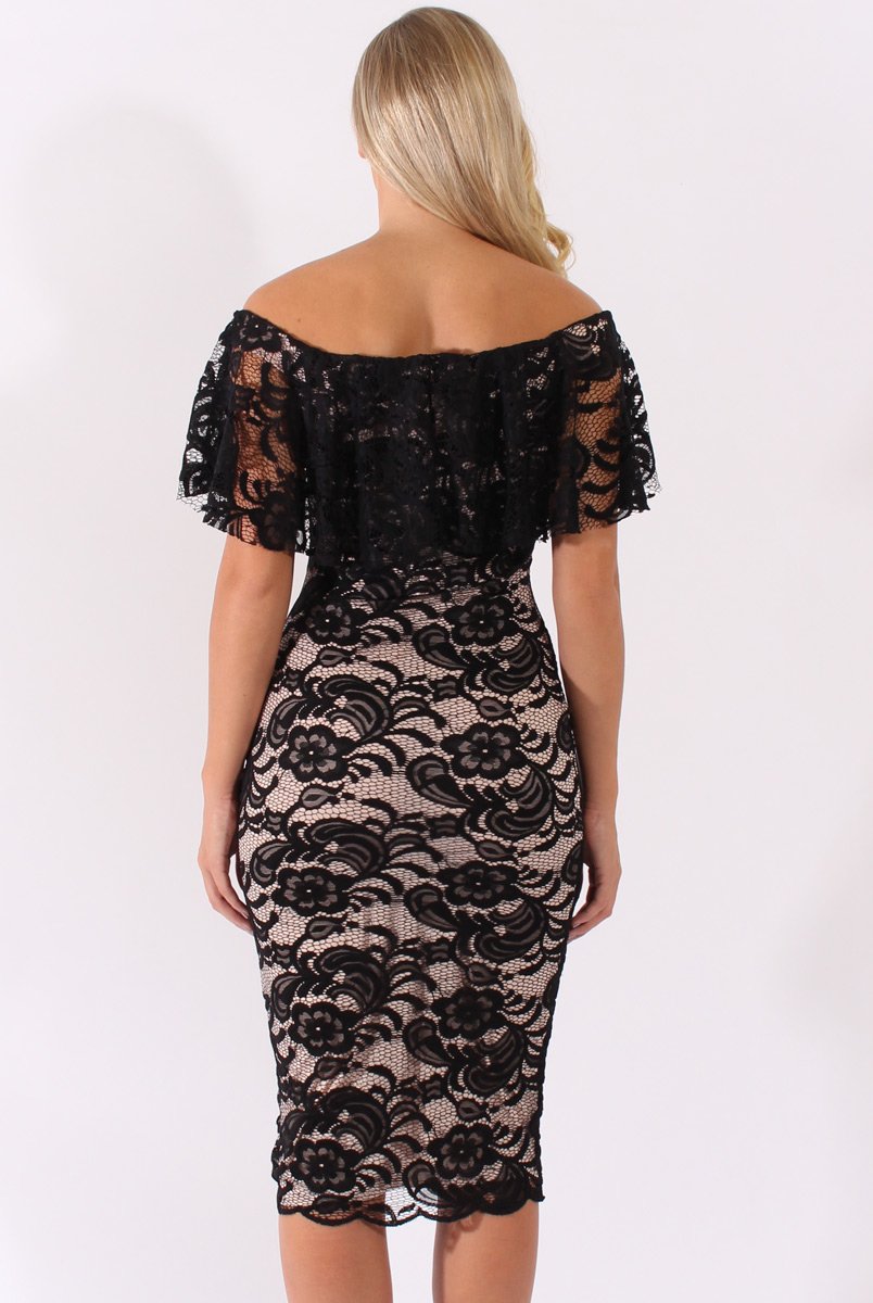 Black Lace Bardot Frill Midi Dress - Keysha-Dresses