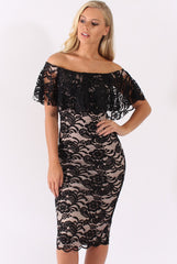 Black Lace Bardot Frill Midi Dress - Keysha-Dresses