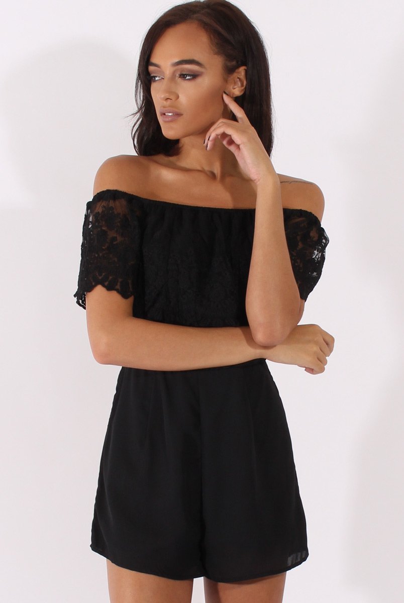 Black Lace Bardot Playsuit - Clover-Playsuits
