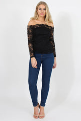 Black Lace Bardot Top - Ariel-Tops