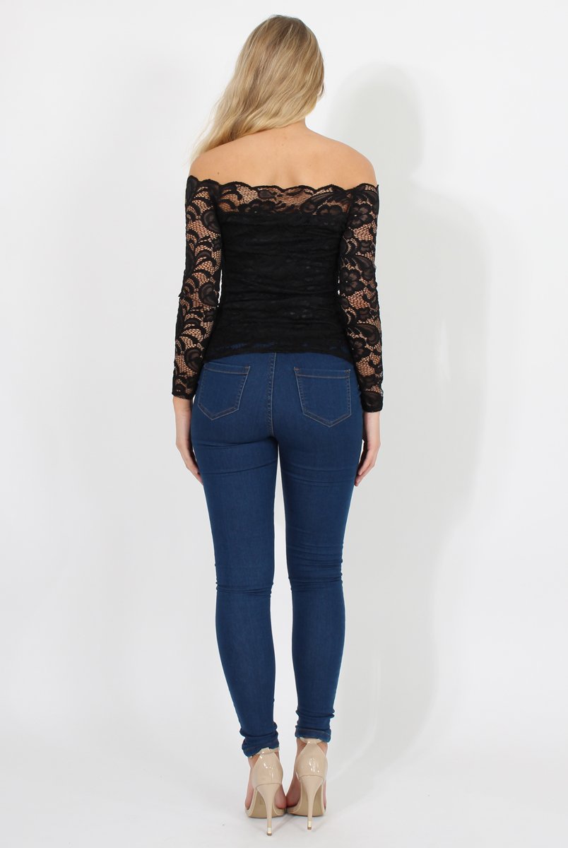Black Lace Bardot Top - Ariel-Tops