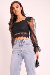 Black Lace Body Polka Mesh Sleeve Crop Top - Linsey-Crop Tops