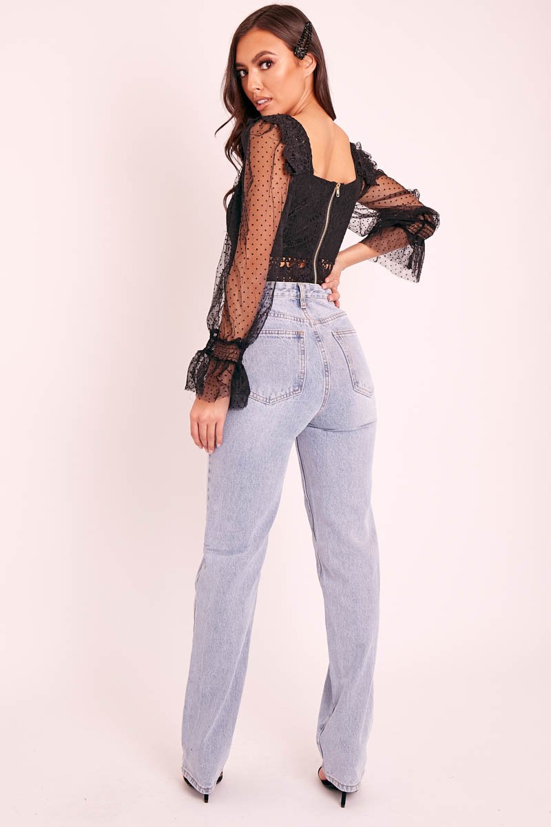 Black Lace Body Polka Mesh Sleeve Crop Top - Linsey-Crop Tops