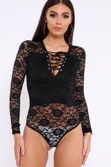 Black Lace Bodysuit with Lace Up Front - Khiana-Bodysuits