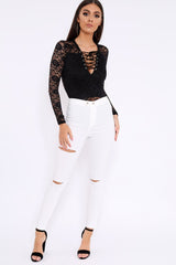 Black Lace Bodysuit with Lace Up Front - Khiana-Bodysuits