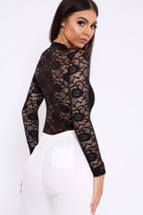 Black Lace Bodysuit with Lace Up Front - Khiana-Bodysuits