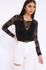 Black Lace Bodysuit with Lace Up Front - Khiana-Bodysuits
