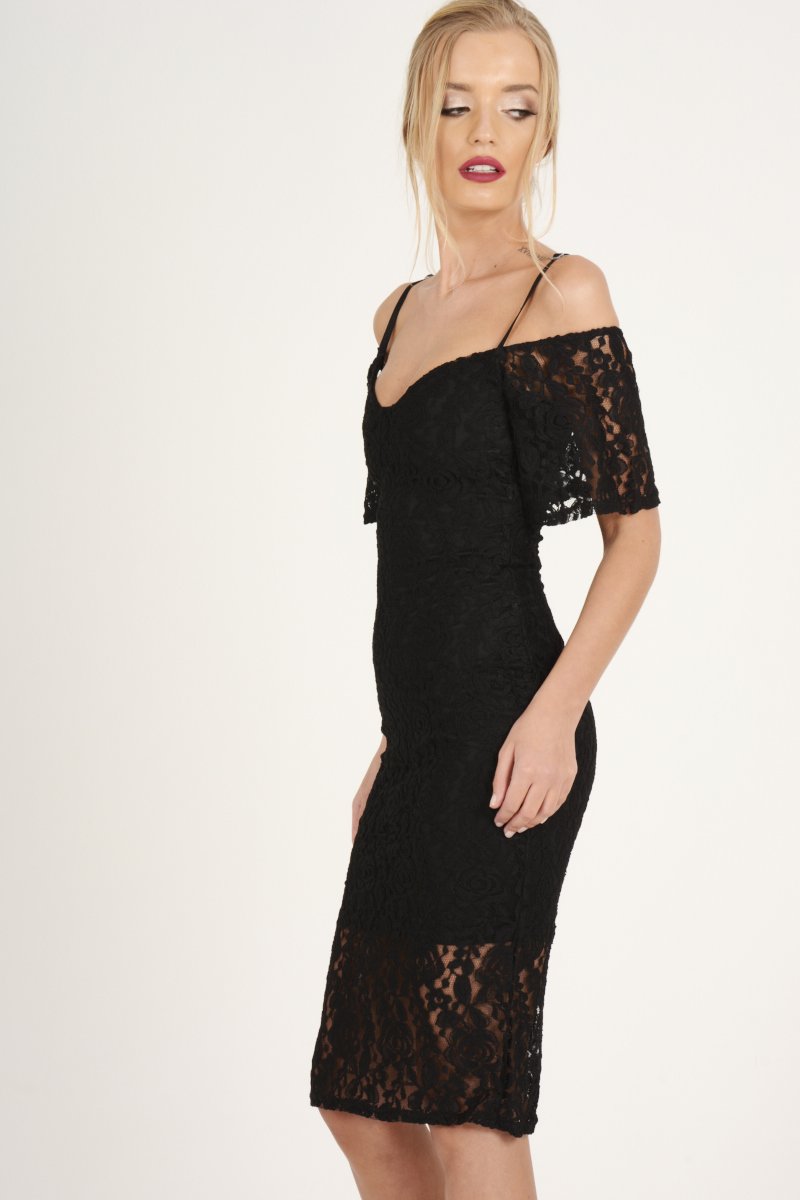 Black Lace Cut Shoulder Midi Dress - Brodi-Dresses