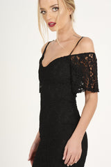 Black Lace Cut Shoulder Midi Dress - Brodi-Dresses