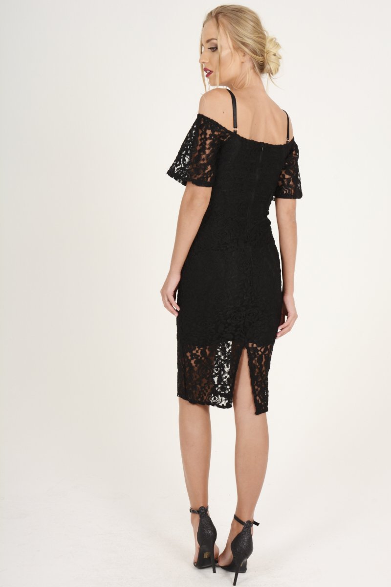 Black Lace Cut Shoulder Midi Dress - Brodi-Dresses