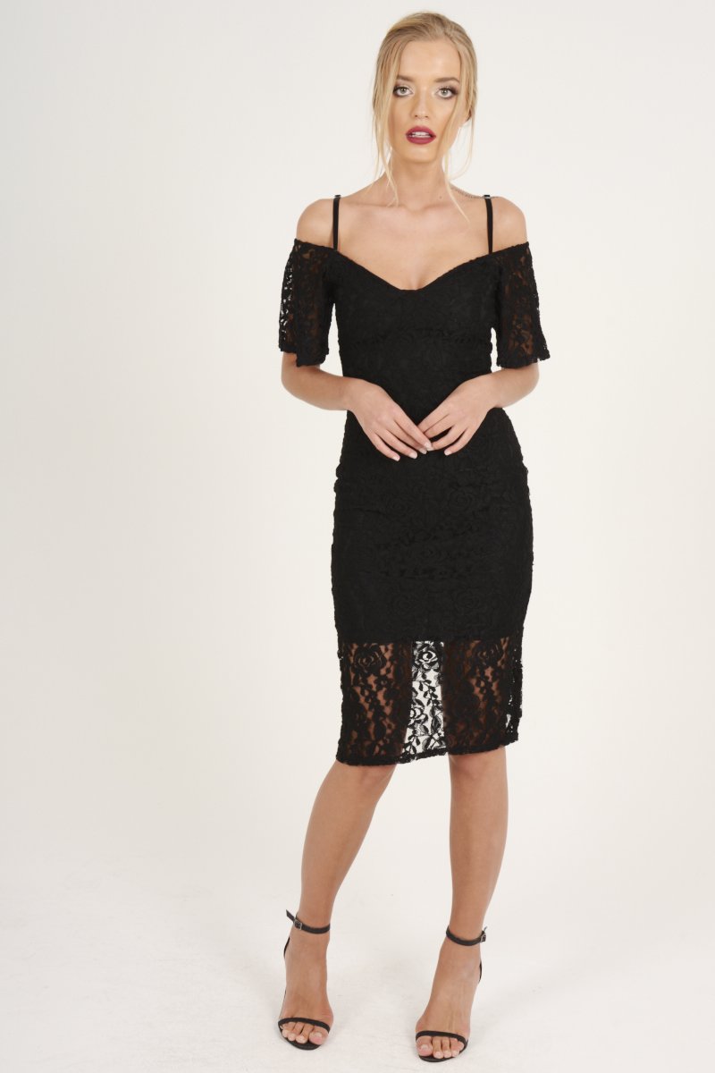 Black Lace Cut Shoulder Midi Dress - Brodi-Dresses
