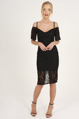 Black Lace Cut Shoulder Midi Dress - Brodi-Dresses