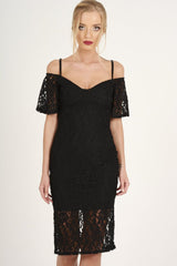 Black Lace Cut Shoulder Midi Dress - Brodi-Dresses