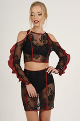 Black Lace Cut Shoulder Ruffle Co-ord - Serena-Co-ords