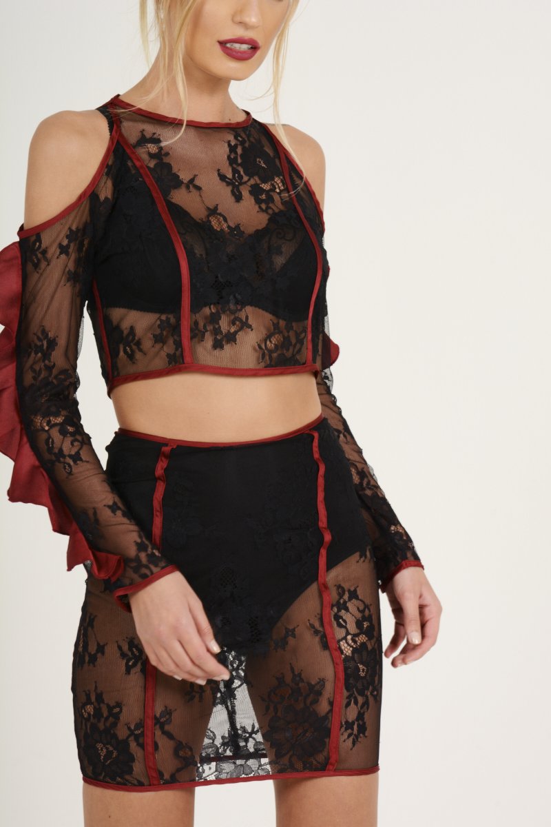 Black Lace Cut Shoulder Ruffle Co-ord - Serena-Co-ords