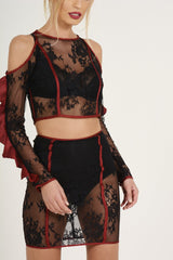Black Lace Cut Shoulder Ruffle Co-ord - Serena-Co-ords