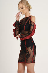 Black Lace Cut Shoulder Ruffle Co-ord - Serena-Co-ords