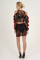 Black Lace Cut Shoulder Ruffle Co-ord - Serena-Co-ords