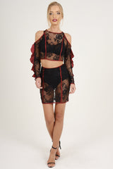 Black Lace Cut Shoulder Ruffle Co-ord - Serena-Co-ords