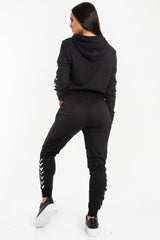 Black Lace Detail Hooded Drawstring and Jogger Set - Jamiya-Tracksuits