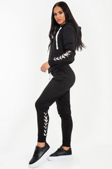 Black Lace Detail Hooded Drawstring and Jogger Set - Jamiya-Tracksuits