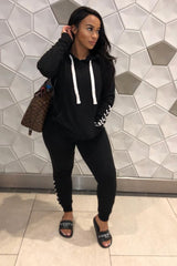 Black Lace Detail Hooded Drawstring and Jogger Set - Jamiya-Tracksuits