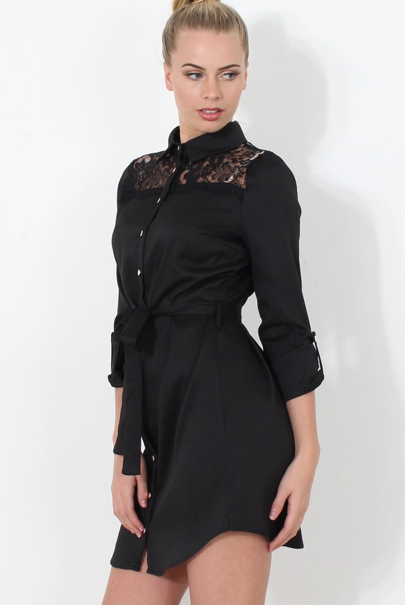 Black Lace Detail Shirt Dress- Elvi-Dresses