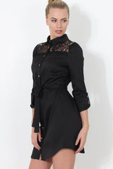 Black Lace Detail Shirt Dress- Elvi-Dresses