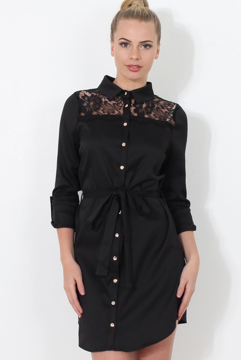 Black Lace Detail Shirt Dress- Elvi-Dresses