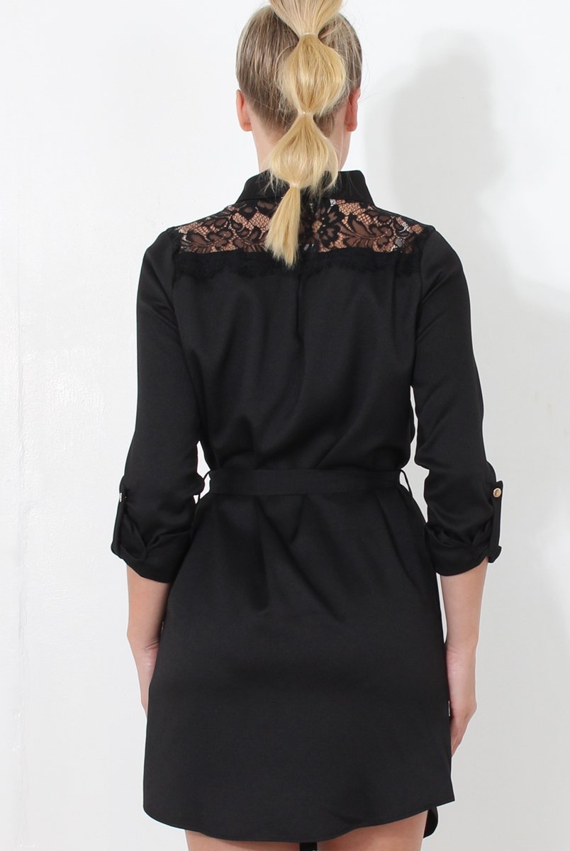 Black Lace Detail Shirt Dress- Elvi-Dresses