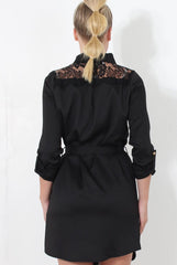 Black Lace Detail Shirt Dress- Elvi-Dresses