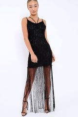 Black Lace Dress with Long Tassel Hems - Zana-Dresses