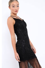 Black Lace Dress with Long Tassel Hems - Zana-Dresses