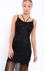 Black Lace Dress with Long Tassel Hems - Zana-Dresses