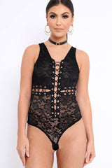 Black Lace Eyelet Cross Bodysuit - Natallia-Bodysuits