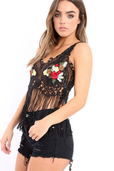 Black Lace Flower Embroidered Tassel Hem Crop Top - Pandora-Crop Tops