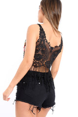 Black Lace Flower Embroidered Tassel Hem Crop Top - Pandora-Crop Tops