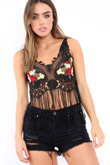 Black Lace Flower Embroidered Tassel Hem Crop Top - Pandora-Crop Tops