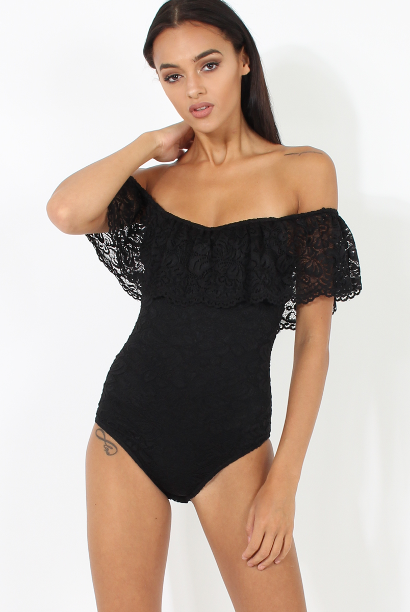 Black Lace Frill Bardot Bodysuit - Tonika-Bodysuits