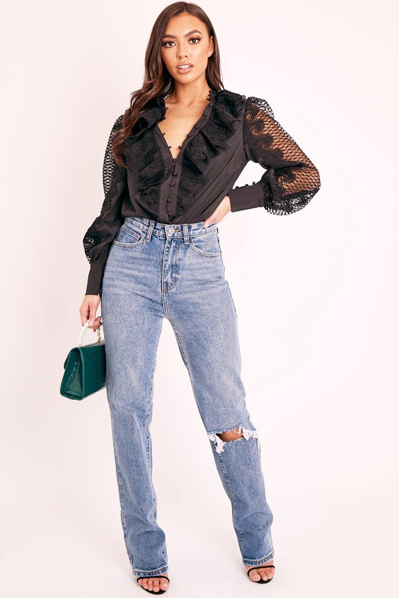Black Lace Frill Covered Button Up Shirt - Priscila-Shirts